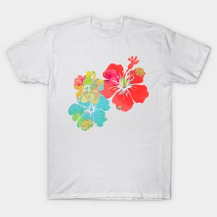 PixDezines Hibiscus, Coral, Aqua with Pineapple Pattern T-Shirt